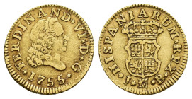 FERNANDO VI. 1/2 escudo. 1755. Madrid. JB. AU 1,77 g. 14,4 mm. VI-413; AC-558. MBC-/MBC.