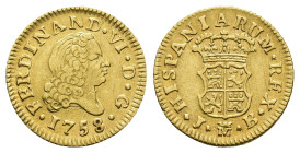 FERNANDO VI. 1/2 escudo. 1758. Madrid. JB. AU 1,76 g. 14,5 mm. VI-417; AC-564. Pequeñas marcas. MBC/EBC-.