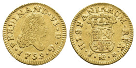 FERNANDO VI. 1/2 escudo. 1759. Madrid. J. AU 1,75 g. 14,5 mm. VI-419; AC-566. Pequeñas marcas. R.B.O. EBC-.