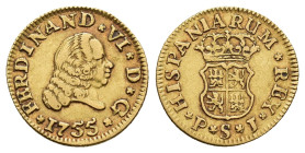 FERNANDO VI. 1/2 escudo. 1755. Sevilla. PJ. AU 1,76 g. 14,2 mm. VI-429; AC-578. MBC.