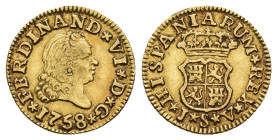 FERNANDO VI. 1/2 escudo. 1758. Sevilla. JV. Estrellas. AU 1,77 g. 13,8 mm. VI-435; AC-586. Contramarca en anv. MBC.