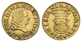 FERNANDO VI. 1/2 escudo. 1759. Sevilla. JV. Estrellas. AU 1,78 g. 13,7 mm. VI-436; AC-587. MBC+.