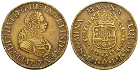 FERNANDO VI. 8 escudos. 1757. Lima. JM. AU 26,94 g. 36,1 mm. VI-589; AC-772. Pequeñas marcas. MBC.