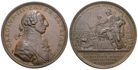 CARLOS III. Medalla. 1774. Colonización de Sierra Morena. Grabador de anv. Prieto y de rev. J.A. Gil. AE 79,25 g. 55,7 mm. Vives-46. SC.