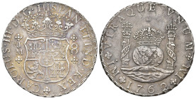 CARLOS III. 8 reales. 1762. Lima. JM. AR 26,66 g. 38,3 mm. VI-873; AC-1021. Rayas. MBC+.
