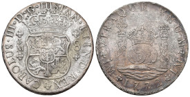 CARLOS III. 8 reales. 1772. Lima. JM. Punto sobre la L de la marca de ceca izq. AR 26,53 g. 38,8 mm. VI-885; AC-1034. Leves erosiones marinas. MBC+/EB...