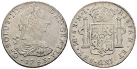 CARLOS III. 8 reales. 1783. Lima. MI. AR 26,94 g. 39,1 mm. VI-900; AC-1051. Pequeña concreción en anv. MBC+. 

Lote no sujeto a tasas de exportación...