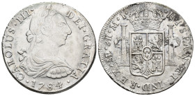 CARLOS III. 8 reales. 1784. Lima. JU. AR 26,14 g. 39,8 mm. VI-901; AC-1053. Oxidaciones marinas. MBC+. 

Lote no sujeto a tasas de exportación.