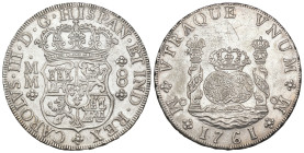 CARLOS III. 8 reales. 1761. México. MM. AR 26,9 g. 38,7 mm. VI-917; AC-1075. Finas rayas en rev. MBC+. 

Lote no sujeto a tasas de exportación.