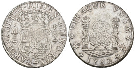CARLOS III. 8 reales. 1763. México. MF. AR 27,15 g. 37,6 mm. VI-921; AC-1086. MBC/MBC-.