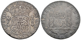 CARLOS III. 8 reales. 1767. México. MF. AR 26,86 g. 37,8 mm. VI-925; AC-1092. MBC/MBC+.