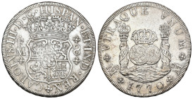 CARLOS III. 8 reales. 1770. México. FM. AR 26,79 g. 39,5 mm. VI-929; AC-1101. Pequeñas marcas. MBC+. 

Lote no sujeto a tasas de exportación.