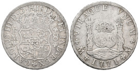 CARLOS III. 8 reales. 1771/0. México. FM. AR 26,51 g. 40 mm. VI-930 var.; AC-1102. Finas rayas. MBC-. 

Lote no sujeto a tasas de exportación.