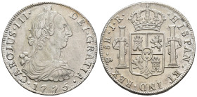 CARLOS III. 8 reales. 1775. Potosí. JR. AR 26,7 g. 40,3 mm. VI-981; AC-1171. EBC-/EBC. 

Lote no sujeto a tasas de exportación.