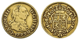 CARLOS III. 1/2 escudo. 1773. Sevilla. CF. AU 1,79 g. 14 mm. VI-1082; AC-1303. MBC. Escasa.