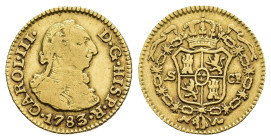 CARLOS III. 1/2 escudo. 1783/2. Sevilla. CF. AU 1,77 g. 14,3 mm. VI-1091; AC-1313. MBC-/MBC. Rara.
