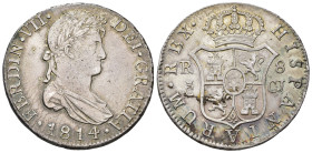 FERNANDO VII. 8 reales. 1814. Cádiz. CJ. AR 26,93 g. 38,7 mm. VI-954; AC-1154. Pequeñas concreciones y marcas. MBC+. Escasa.

Lote no sujeto a tasas...