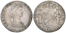 FERNANDO VII. 8 reales. 1814. Guadalajara. MR. AR 27,31 g. 39,4 mm. VI-1009; AC-1206. Rayitas en anv. Acuñación floja en anv. y rev. MBC+ para esta ce...