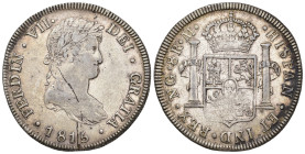 FERNANDO VII. 8 reales. 1815. Nueva Guatemala. M. AR 26,9 g. 40,7 mm. VI-1027; AC-1228. Manchitas en anv. y vano en rev. MBC-/MBC. 

Lote no sujeto ...