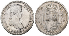 FERNANDO VII. 8 reales. 1816. Nueva Guatemala. M. AR 26,66 g. 41,1 mm. VI-1028; AC-1229. Vano en rev. MBC-/MBC. 

Lote no sujeto a tasas de exportac...