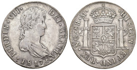 FERNANDO VII. 8 reales. 1817. Nueva Guatemala. M. AR 26,8 g. 39,1 mm. VI-1029; AC-1231. Hojas en anv. MBC/MBC+. 

Lote no sujeto a tasas de exportac...