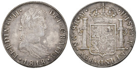 FERNANDO VII. 8 reales. 1818. Nueva Guatemala. M. AR 26,91 g. 38 mm. VI-1030; AC-1233. Hojitas en rev. MBC-. 

Lote no sujeto a tasas de exportación...
