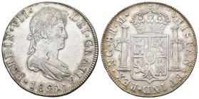 FERNANDO VII. 8 reales. 1821. Nueva Guatemala. M. AR 26,95 g. 38,5 mm. VI-1033; AC-1236. Defecto de cospel en anv. Limpiada. MBC+/MBC. 

Lote no suj...