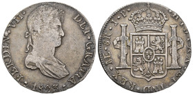 FERNANDO VII. 8 reales. 1823. Lima. JP. AR 27,43 g. 37,5 mm. VI-1054; AC-1255. MBC-/MBC. Escasa.

Lote no sujeto a tasas de exportación.