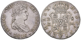 FERNANDO VII. 8 reales. 1816. Madrid. GJ. AR 26,8 g. 38,2 mm. VI-1067; AC-1270. Golpecito en anv. MBC+. 

Lote no sujeto a tasas de exportación.
