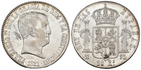 FERNANDO VII. 20 reales. 1822. Madrid. SR. AR 26,94 g. 38 mm. VI-1076; AC-1282. Defecto de cospel en anv. R.B.O. MBC+/EBC-. 

Lote no sujeto a tasas...