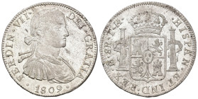 FERNANDO VII. 8 reales. 1809. México. TH. AR 26,97 g. 39,5 mm. VI-1083; AC-1308. Ligera plata agria. B.O. EBC/EBC+.