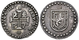 FERNANDO VII. 8 reales. 1812. Provisional de Oaxaca. Punzón D en rev. León grande en el escudete. AR g. mm. VI-1104 var.; AC-1358. Rayitas en rev. EBC...