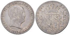FERNANDO VII. 20 reales. 1823. Sevilla. RD. AR 26,6 g. 37,2 mm. VI-1174; AC-1423. BC+. Escasa.