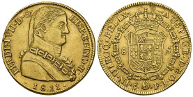FERNANDO VII. 8 escudos. 1811. Santiago. FS. AU 26,97 g. 37,6 mm. VI-1536; AC-1865. Hojitas en rev. MBC+.