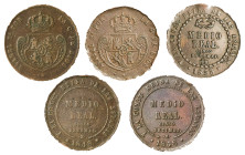 ISABEL II. Lote de 5 piezas de 1/2 real: Madrid 1848 (2), 1850, 1852 y 1853 y Segovia. MBC-/MBC.