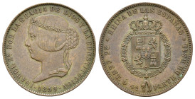 ISABEL II. 25 céntimos de real. 1859. Prueba de Martínez Pescador. CU 8,16 g. 26,6 mm. VI-142; ac-185. Pequeñas marcas. EBC. Rara.