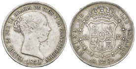 ISABEL II. 20 reales. 1850. Madrid. CL. AR 26,07 g. 37,3 mm. VI-506; AC-591. Golpecitos en anv. MBC. 

Lote no sujeto a tasas de exportación.