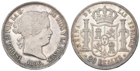 ISABEL II. 20 reales. 1856. Madrid. AR 26,5 g. 37 mm. VI-512; AC-612. Pequeñas marcas. R.B.O. EBC/EBC+. 

Lote no sujeto a tasas de exportación.