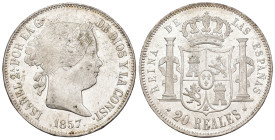 ISABEL II. 20 reales. 1857. Madrid. AR 25,96 g. 36,8 mm. VI-513; AC-614. EBC/EBC+. 

Lote no sujeto a tasas de exportación.