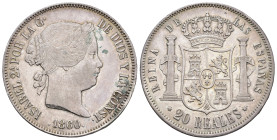 ISABEL II. 20 reales. 1860. Madrid. AR 25,95 g. 37 mm. VI-516; AC-617. Leves oxidaciones. MBC+/EBC-. 

Lote no sujeto a tasas de exportación.