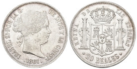 ISABEL II. 20 reales. 1861. Madrid. AR 25,95 g. 37 mm. VI-517; AC-619. Pequeñas marcas. R.B.O. EBC. 

Lote no sujeto a tasas de exportación.