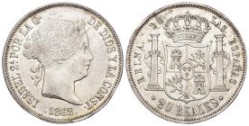 ISABEL II. 20 reales. 1862. Madrid. AR 25,91 g. 37 mm. VI-518; AC-620. Golpes en gráfila. EBC-. Escasa.

Lote no sujeto a tasas de exportación.