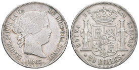 ISABEL II. 20 reales. 1863. Madrid. AR 25,78 g. 37 mm. VI-519; AC-621. Pequeñas marcas. MBC-/MBC. Muy escasa.

Lote no sujeto a tasas de exportación...