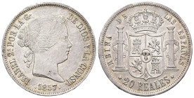 ISABEL II. 20 reales. 1857. Sevilla. AR 25,95 g. 37,2 mm. VI-529; AC-634. Golpecitos en gráfila. MBC+/EBC-. Muy escasa.