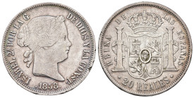 ISABEL II. 20 reales. 1858. Sevilla. AR 25,73 g. 37,2 mm. VI-530; AC-635. Pequeñas marcas en gráfilas. MBC. Escasa.

Lote no sujeto a tasas de expor...