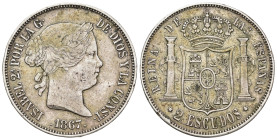 ISABEL II. 2 escudos. 1867. Madrid. AR 26,03 g. 37 mm. VI-538; AC-647. Golpecitos en gráfila. MBC.