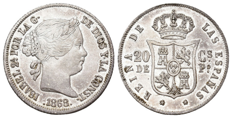 ISABEL II. 20 centavos de peso. 1868. Manila. AR 5,14 g. 23,4 mm. VI-551; AC-661...