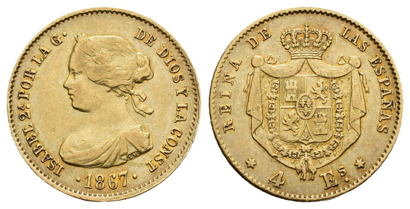 ISABEL II. 4 escudos. 1867. Madrid. AU 3,36 g. 17,9 mm. VI-572; AC-691. MBC/MBC+...