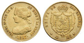 ISABEL II. 4 escudos. 1867. Madrid. AU 3,36 g. 17,9 mm. VI-572; AC-691. MBC/MBC+.