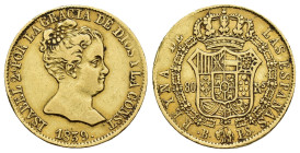 ISABEL II. 80 reales. 1839. Barcelona. PS. AU 6,68 g. 21,4 mm. VI-581; AC-704. Pequeños vanos en gráfila. MBC.